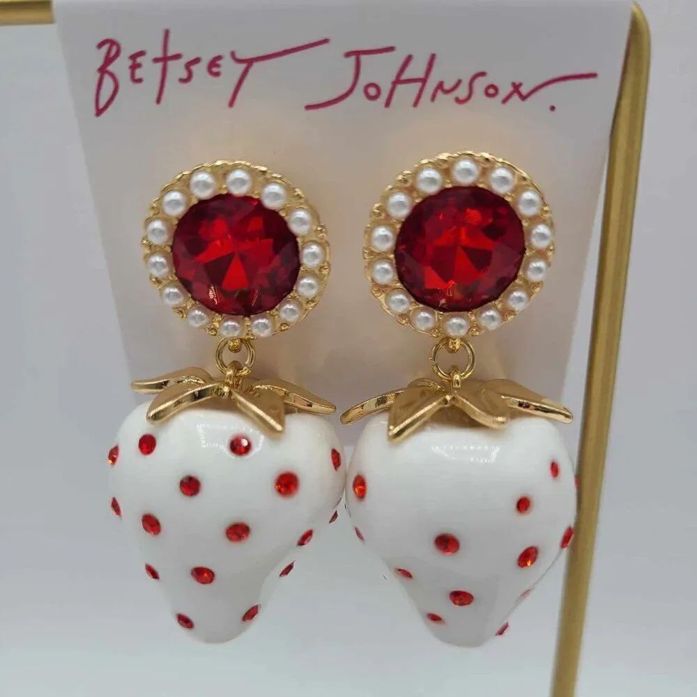 Betsey Johnson White Red Enamel Strawberry Red Crystal Earrings NWT!